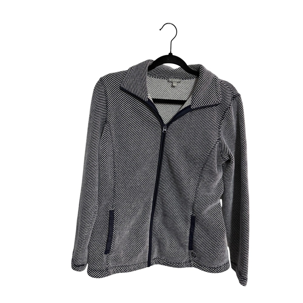 T by Talbots Jacket Full Zip Diagonal Stripe Navy White Mock Neck M Athleisure